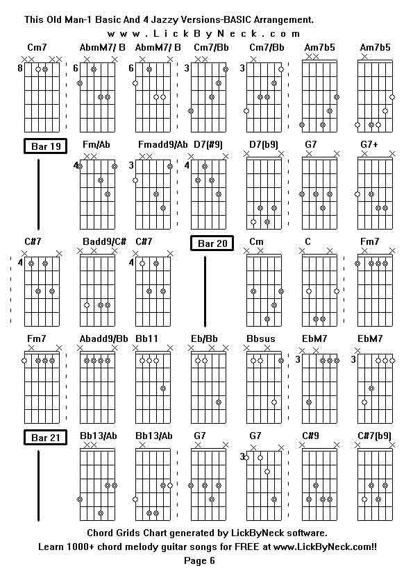 Chord Grids Chart of chord melody fingerstyle guitar song-This Old Man-1 Basic And 4 Jazzy Versions-BASIC Arrangement,generated by LickByNeck software.